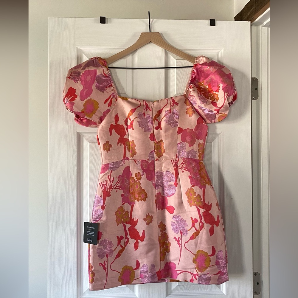 NWT Lulus So Stunning Orange Multi Floral Jacquard Puff Sleeve Mini Dress - Picture 5 of 7
